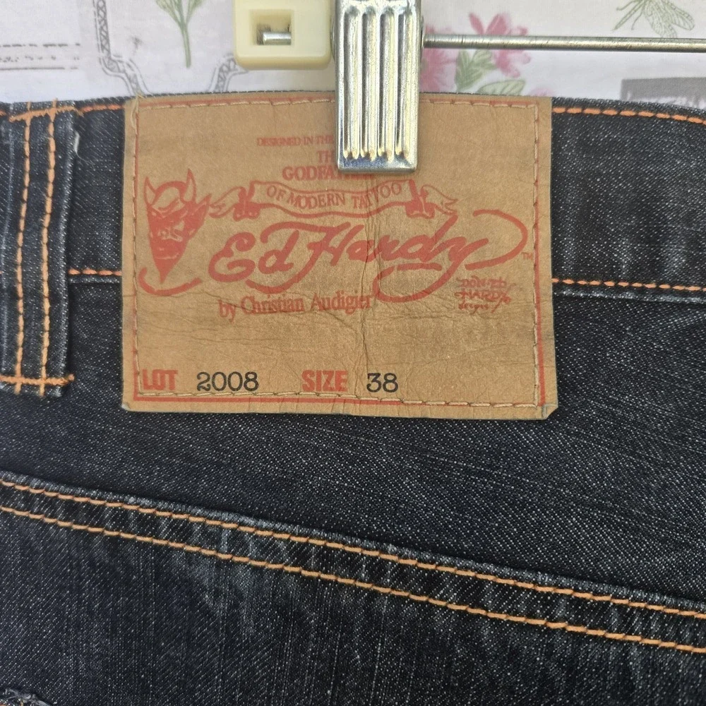 Vtg 2000s Ed Hardy Death or Glory Skull Embroidered Denim Jeans Y2K Men's‎ 38x34